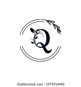 Initial Letter Q Botanical Flowers with lettering circle hand drawn. Suitable for natural, eco, jewelry, fashion, personal or corporate branding.
