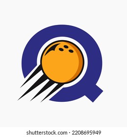 Initial Letter Q Bowling Logo Concept With Moving Bowling Ball Icon. Bowling Sports Logotype Symbol Vector Template