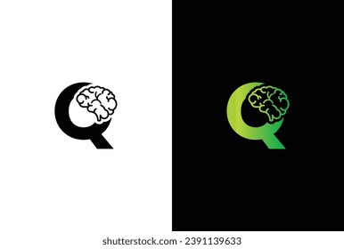 Initial letter Q brain logo and icon vector illustration template design. Letter Q Brain Idea Logo.