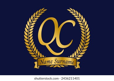 Initial letter Q and C, QC monogram logo design with laurel wreath. Luxury golden emblem with calligraphy font.