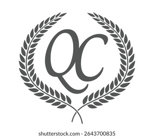 Initial letter Q and C, QC monogram logo design with laurel wreath. Luxury calligraphy font.