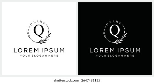 Initial letter Q cosmetics fashion logo design, serif font graphic icon, leaves nature symbol concept