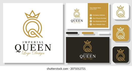 Letra inicial Q Crown Gold Elegante Diseño de Logotipo Vintage clásico de lujo con plantilla de tarjeta de visita