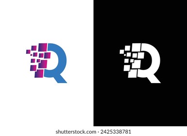 Initial Letter Q digital pixel logo design template element. Letter Q Pixel logo, Triangle, Blue color, Technology and digital logotype.