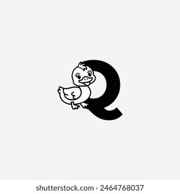 Letra inicial Q con diseño de logotipo de pato. Duck luce una sonrisa feliz. Letra Q Vector lindos animales personaje pato ilustración aislada y letras sobre fondo blanco.