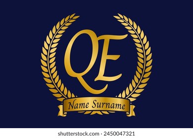 Initial letter Q and E, QE monogram logo design with laurel wreath. Luxury golden calligraphy font.