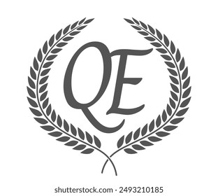 Initial letter Q and E, QE monogram logo design with laurel wreath. Luxury calligraphy font.