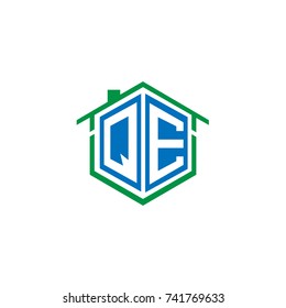Initial Letter Q, E, QE Hexagonal Shape Logo Design with House Home Icon