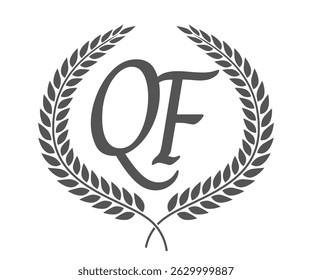 Letra inicial Q e F, design do logotipo monograma QF com coroa de louro. Fonte de caligrafia de luxo.