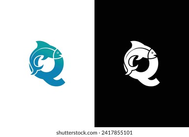 Initial Letter Q Fish Logo Design Vektorsymbol Grafik Emblem Illustration. Das Symbol des Wortmarkenlogos bildete ein Fischsymbol im Buchstaben Q auf weißem Hintergrund.