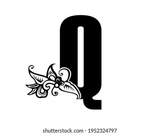 the initial letter Q is in the form of a logo decorated with a batik pattern. beautiful, elegant, luxurious. black white monogram logo ornament. batik fonts