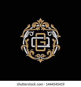 Initial letter Q and G, QG, GQ, decorative ornament emblem badge, overlapping monogram logo, elegant luxury silver gold color on black background