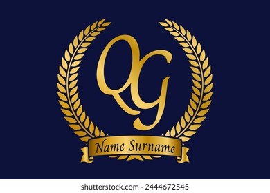 Initial letter Q and G, QG monogram logo design with laurel wreath. Luxury golden calligraphy font.