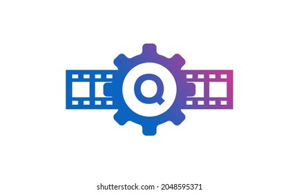 Initial Letter Q Gear Cog Wheel with Reel Stripes Filmstrip for Film Movie Cinema Production Studio Logo Inspiration
