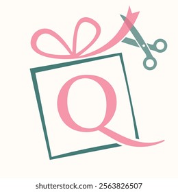 Initial Letter Q Gift Box Logo Design Concept With Ribbon and Scissors Symbol For Weeding and Birthday Gift Sign