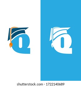 Initial letter Q with graduation hat isolated white and blue background. Unique letter Q in flat style. Vector illustration EPS.8 EPS.10