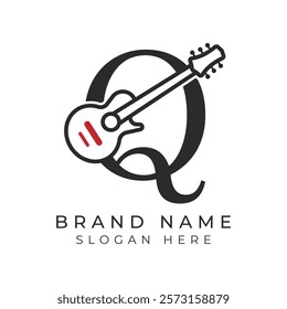 Initial Letter Q Guitar icon with Line Art Style for Chord. Alphabet Q with Musical instrument logo design