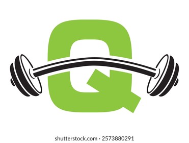 Initial Letter Q Gym Logo Design Concept With Straight and Curved Barbell Symbol. Fitness Sign, Bodybuilding, Workout Vector