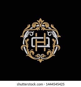 Initial letter Q and H, QH, HQ, decorative ornament emblem badge, overlapping monogram logo, elegant luxury silver gold color on black background
