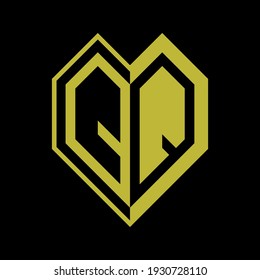 Letra inicial q mitad de corazón espacio geométrico negativo logo vector color oro