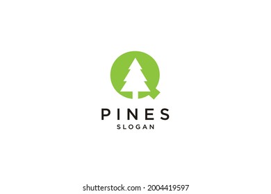 initial letter Q with Hemlock, Evergreen, Pines, Spruce, Cedar trees logo design