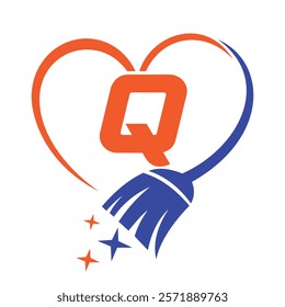 Initial Letter Q House Clean Logo Concept With Cleaning Brush and Heart Symbol. Broom Sign