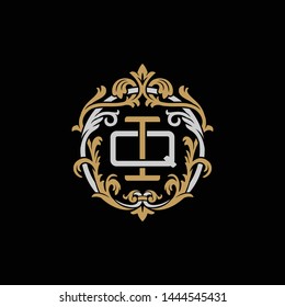 Initial letter Q and I, QI, IQ, decorative ornament emblem badge, overlapping monogram logo, elegant luxury silver gold color on black background