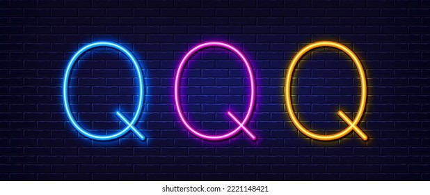 Initial letter Q icon. Neon light line effect. Line typography character sign. Large first font letter. Glowing neon light element. Letter Q glow 3d line. Brick wall banner. Vector