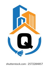 Initial Letter Q Industrial Cleaning Logo Concept With Cleaning Brush and Building Symbol. Broom Sign