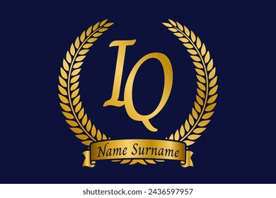 Initial letter I and Q, IQ monogram logo design with laurel wreath. Luxury golden emblem with calligraphy font.