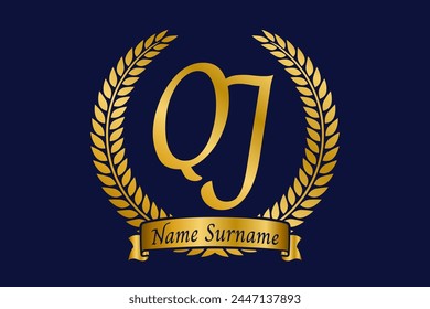 Anfangsbuchstabe Q und J, QJ Monogramm Logo Design mit Lorbeerkranz. Luxuriöse goldene Kalligrafie Schriftart.