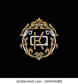 Initial letter Q and K, QK, KQ, decorative ornament emblem badge, overlapping monogram logo, elegant luxury silver gold color on black background