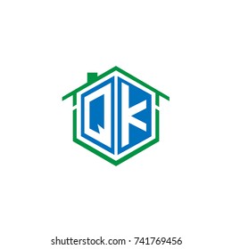 Initial Letter Q, K,QK Hexagonal Shape Logo Design with House Home Icon