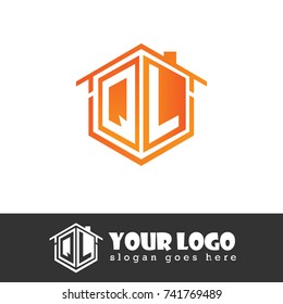 Initial Letter Q, L, QL Hexagonal Shape Logo Design with House Home Icon