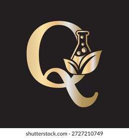 El diseño inicial del logotipo del laboratorio de la letra Q se combina con el símbolo del tubo de ensayo y de la hoja