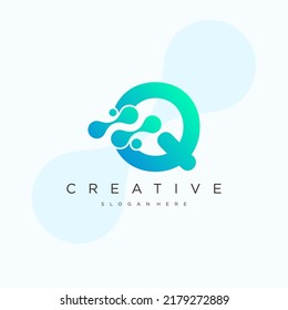 Initial Letter Q Logo art. Blue Gradient Linear Rounded Style with Connected Liquid Dots . Usable for Business Science and Technology Logos. Flat Vector Logo Design Template Element.