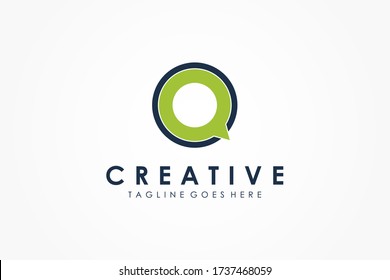 Initial Letter Q Logo. Blue Circle Line with Green Speech Bubble Chat Talk Icon isolated on White Background. Usable for Business and Technology Logo. Flat Vector Logo Design Template Element.