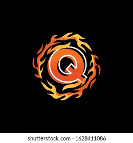 Initial Letter Q Logo Design inside Circle Fire or Flames