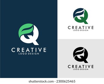 Initial Letter Q Logo with Green Leaf vector on three color variations . Usable for Branding and Nature Logos. Flat Vector Logo Design Template Element