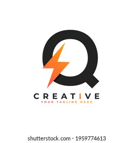 Initial Letter Q Logo With Lighting Thunder Bolt. Alphabet Suitable for Fast, Power, Flash, Electric, Identity, Moving and Speed.