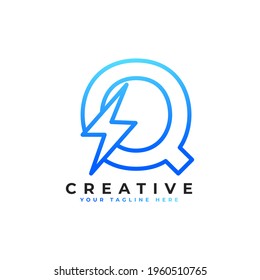 Initial Letter Q Logo With Lighting Thunder Bolt in Linear Style. Alphabet Suitable for Fast, Power, Flash, Electric, Identity, Moving and Speed.