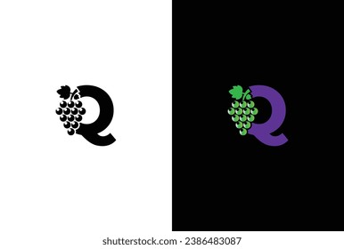 Initial letter Q logo. Modern and simple letter Q for the Grape symbol logo design with green leaves.