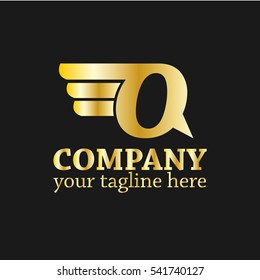 Initial Letter Q Logo With Vector Wings Icon Gold
