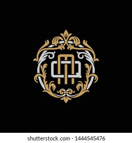 Initial letter Q and M, QM, MQ, decorative ornament emblem badge, overlapping monogram logo, elegant luxury silver gold color on black background