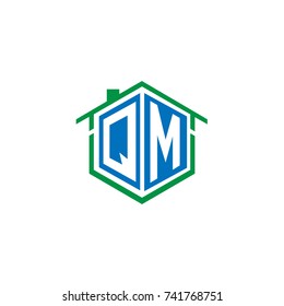 Initial Letter Q, M, QM Hexagonal Shape Logo Design with House Home Icon