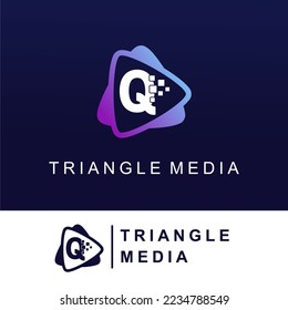 Initial Letter Q with Media Play Icon and Pixel for Media Button Information Technology Logo Design Template