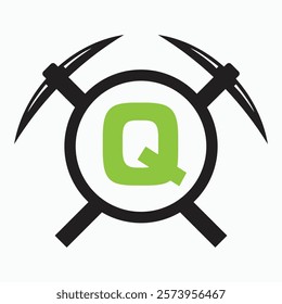 Initial Letter Q Mining Logo Combine With Pickaxe Symbol Vector Template