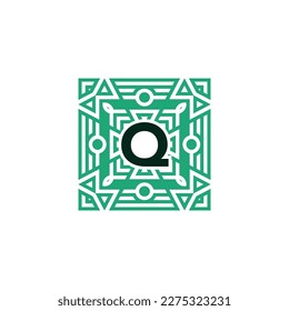 Letra inicial logotipo del marco de patrón cuadrado ornamental Q