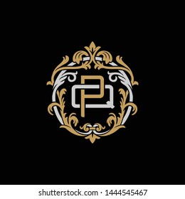 Initial letter Q and P, QP, PQ, decorative ornament emblem badge, overlapping monogram logo, elegant luxury silver gold color on black background
