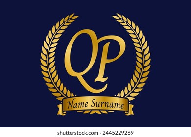 Initial letter Q and P, QP monogram logo design with laurel wreath. Luxury golden calligraphy font.